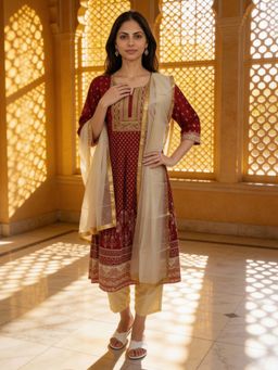Rangita - Maroon Polyviscose Anarkali Kurta With Pant & Dupatta