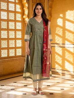 Rangita - Green Polyviscose Anarkali Kurta With Pant & Dupatta