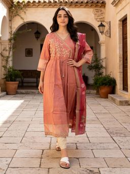 Rangita - Pink Polyviscose Anarkali Kurta With Pant & Dupatta