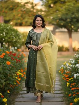 Rangita - Green Polyviscose Anarkali Kurta With Pant & Dupatta