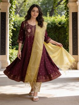 Rangita - Wine Polyviscose Anarkali Kurta With Pant & Dupatta