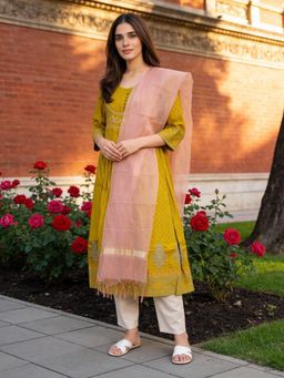 Rangita - Yellow Polyviscose Anarkali Kurta With Pant & Dupatta