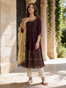 Rangita - Wine Polyviscose Anarkali Kurta With Pant & Dupatta