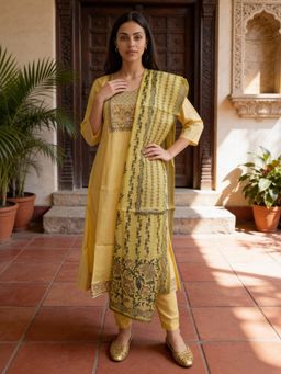 Rangita - Yellow Polyviscose Anarkali Kurta With Pant & Dupatta