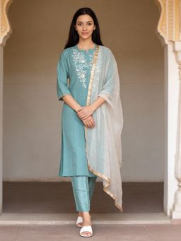 Rangita - Teal Polyviscose Kurta With Pant & Dupatta