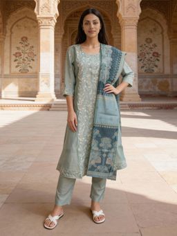 Rangita - Blue Chanderi Anarkali Kurta With Pant & Dupatta