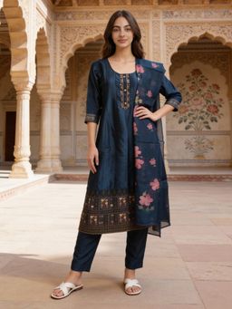 Rangita - Navy Blue Polyviscose Anarkali Kurta With Pant & Dupatta