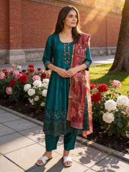Rangita - Turquoise Polyviscose Anarkali Kurta With Pant & Dupatta