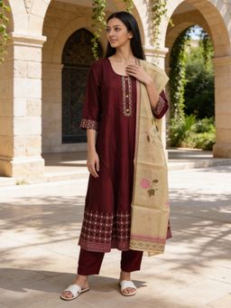 Rangita - Maroon Polyviscose Anarkali Kurta With Pant & Dupatta