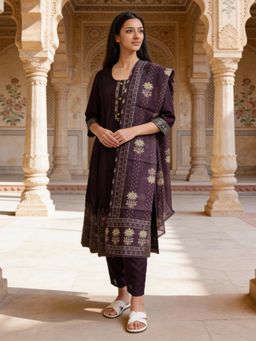 Rangita - Wine Polyviscose Anarkali Kurta With Pant & Dupatta