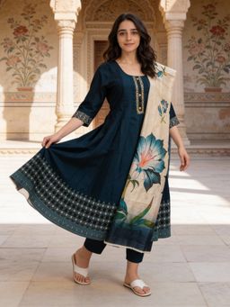 Rangita - Teal Polyviscose Anarkali Kurta With Pant & Dupatta