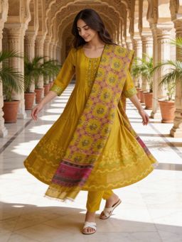 Rangita - Yellow Polyviscose Anarkali Kurta With Pant & Dupatta