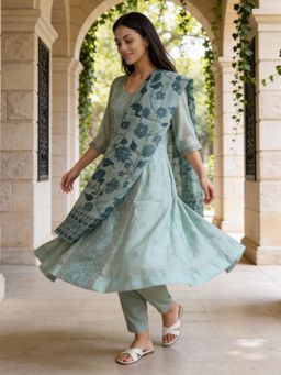 Rangita - Blue Chanderi Anarkali Kurta With Pant & Dupatta