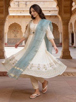 Rangita - White Polyviscose Anarkali Kurta With Pant & Dupatta
