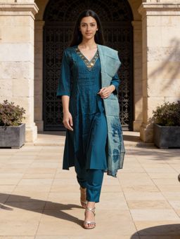Rangita - Teal Polyviscose Kurta With Pant & Dupatta