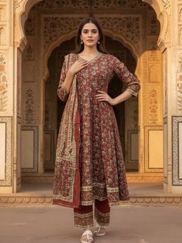 Rangita - Maroon Cotton Anarkali Kurta With Pant & Dupatta