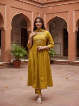 Rangita - Yellow Polyviscose Anarkali Kurta With Pant & Dupatta