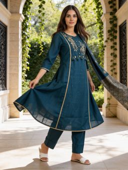 Rangita - Navy Blue Polyviscose Anarkali Kurta With Pant & Dupatta