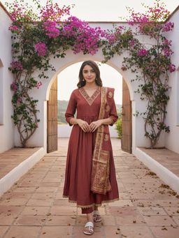 Rangita - Mauve Polyviscose Anarkali Kurta With Pant & Dupatta