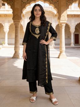Rangita - Black Polyviscose Anarkali Kurta With Pant & Dupatta
