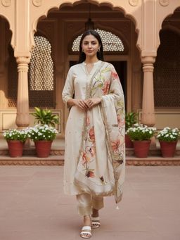 Rangita - Off White Polyester Kurta With Pant & Dupatta