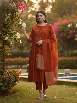 Rangita - Rust Polyviscose Anarkali Kurta With Pant & Dupatta