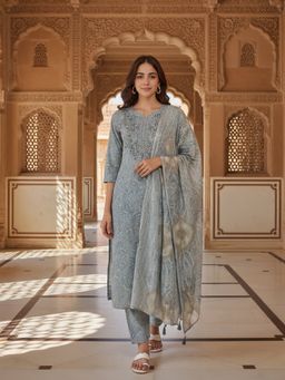Rangita - Grey Cotton Blend Kurta With Pant & Dupatta