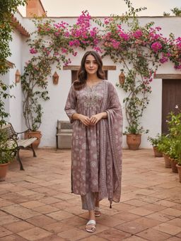 Rangita - Mauve Cotton Blend Kurta With Pant & Dupatta