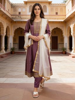 Rangita - Mauve Polyviscose Kurta With Pant & Dupatta