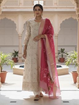 Rangita - Beige Polyviscose Anarkali Kurta With Pant & Dupatta