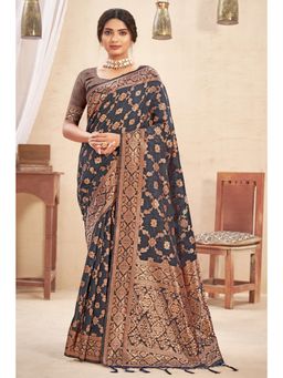 Sangam Prints - Navy Blue Cotton Woven Zari Work Traditional Tassel Saree with Unstitched Blouse