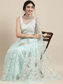 Vastranand - Blue Floral Embroidered Organza Saree with Unstitched Blouse