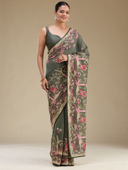 Koskii - Women Threadwork Tissue Saree With Unstitched Blouse