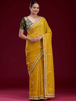 Koskii - Mustard Embroidered Sequined Tissue Saree with Unstitched Blouse