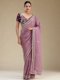 Koskii - Purple Embroidery Sequined Tissue Saree with Unstitched Blouse