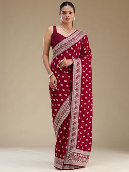 Koskii - Women Zariwork (Silver) Silk Saree With Unstitched Blouse