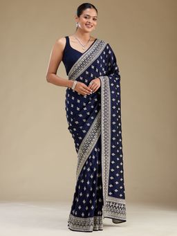 Koskii - Navy Blue Embroidery Thread Work Silk Saree with Unstitched Blouse