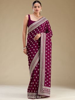 Koskii - Wine Embroidery Thread Work Silk Saree with Unstitched Blouse