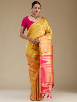 Koskii - Women Zariwork (Gold) Silk Saree With Unstitched Blouse
