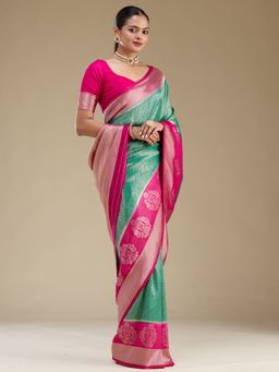 Koskii - Women Zariwork (Gold) Silk Saree With Unstitched Blouse