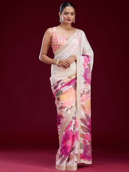Koskii - Pink and White Floral Printed Cutdana Chiffon Saree with Unstitched Blouse