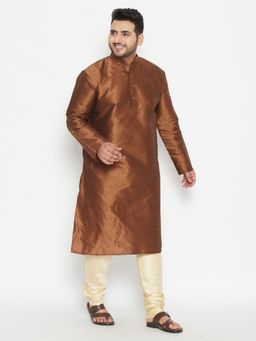 Vastramay - Men Coffee Brown Silk Blend Kurta Churidar