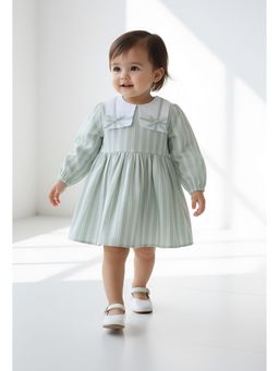 Bella Moda - Green Striped Dress with Peter Pan Collar and Bow Detail