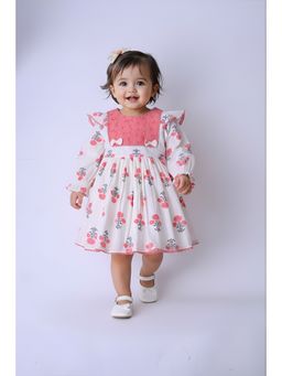Bella Moda - Floral Printed Dress with Embroidered Yoke and Bow Detail