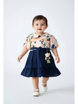 Bella Moda - Navy Blue Cotton Ballon Dress with Belt and Matching Teddy Bear