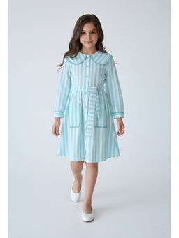 Bella Moda - Blue Cotton Full Sleeves Striped Dress and Belt