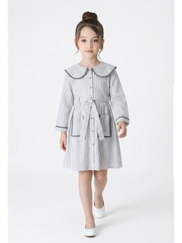 Bella Moda - Grey Cotton Full Sleeves Striped Dress and Belt