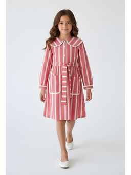 Bella Moda - Red Cotton Full Sleeves Striped Dress and Belt
