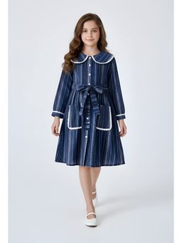 Bella Moda - Navy Blue Cotton Full Sleeves Striped Dress and Belt