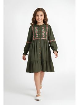 Bella Moda - Green Cotton Floral Embroidered Dress